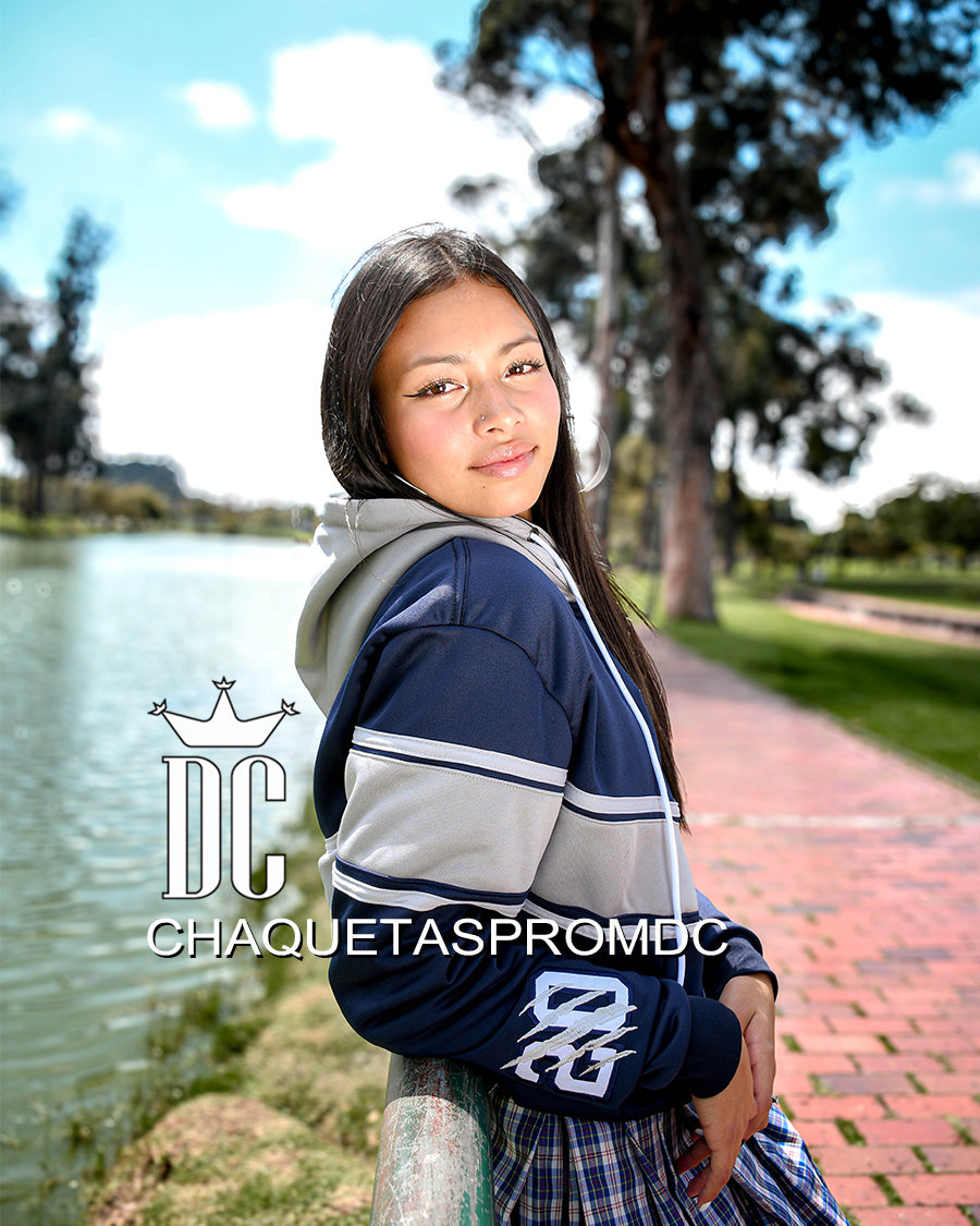 HOODIE CON V, AZUL/GRIS