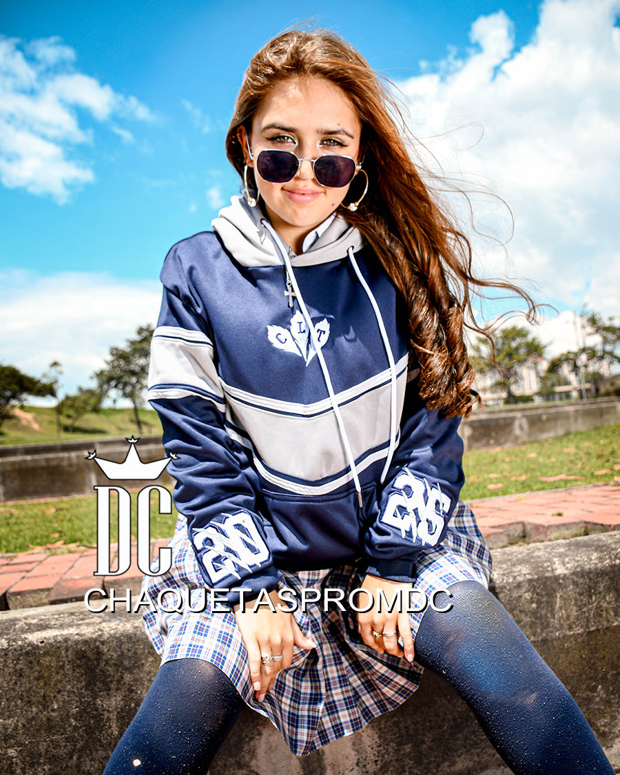 HOODIE CON V, AZUL/GRIS