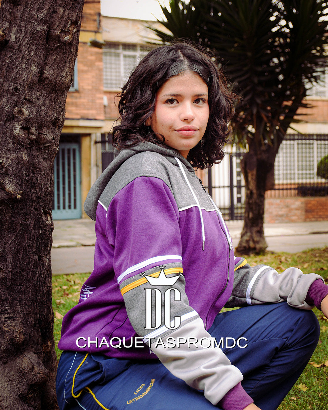 CHAQUETA EN PERCHADO DE CORTES Y CREMALLERA, MORADO/GRIS